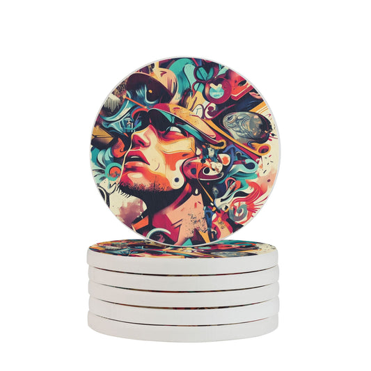 Abstract Graffiti Art Style Round Diatomite Coasters – Set of 6 (4in Diameter)