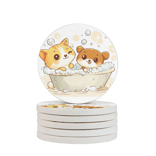 Cute Pet Bath Design Absorbent Coasters (Set of 6) | Round Diatomite Anti-Slip Heat-Resistant Drink Mats