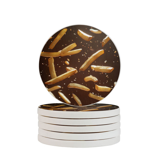 French Fries Design Diatomite Coasters (Set of 6) – 4 Inch Round Absorbent and Heat-Resistant Pads